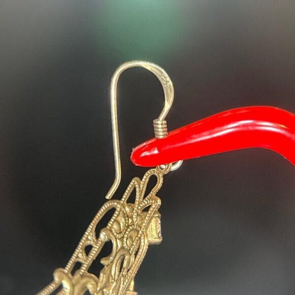 Brass Colored 925 Stamp 3 Stones Earrings - Picture 4 of 6